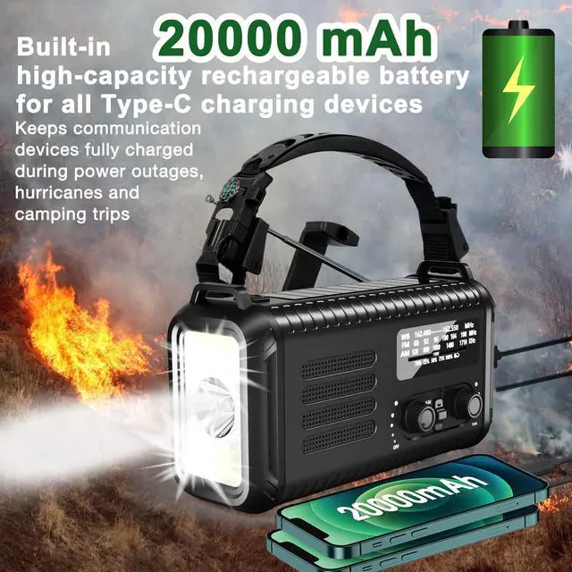 Alt view image 4 of 6 - Hand Crank Emergency Radio, NOAA AM/FM Solar, 20000mAh Flashlight SOS | 72000mWh Battery, Dual USB Output, 3W Super Bright LED, 8 LED Reading Lamp, Headphone Jack, Compass, for Camping