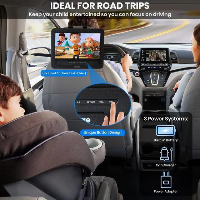 Alt view image 2 of 7 - 12.5" Portable DVD Player for Car with 10.5" Swivel Screen, 5 Hours Rechargeable Battery, Car DVD Player with Headrest Mount, Dual Speakers, Remote Control, Support USB/SD Card/Sync TV
