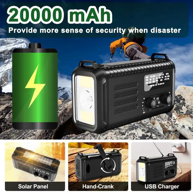 Alt view image 6 of 6 - Hand Crank Emergency Radio, NOAA AM/FM Solar, 20000mAh Flashlight SOS | 72000mWh Battery, Dual USB Output, 3W Super Bright LED, 8 LED Reading Lamp, Headphone Jack, Compass, for Camping