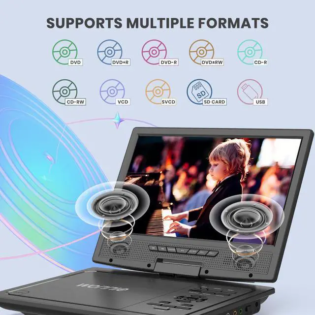 Alt view image 6 of 7 - 12.5" Portable DVD Player for Car with 10.5" Swivel Screen, 5 Hours Rechargeable Battery, Car DVD Player with Headrest Mount, Dual Speakers, Remote Control, Support USB/SD Card/Sync TV