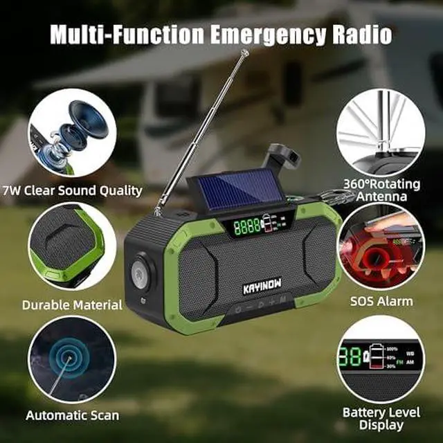 Alt view image 6 of 7 - Hand Crank Emergency Radio,Portable AM FM NOAA Weather Radio,Solar Power,18500mWh/5000mAh Battery Operated,USB Charging Flashlight,Waterproof,SOS for Camping,Power Outage,Survival Storm