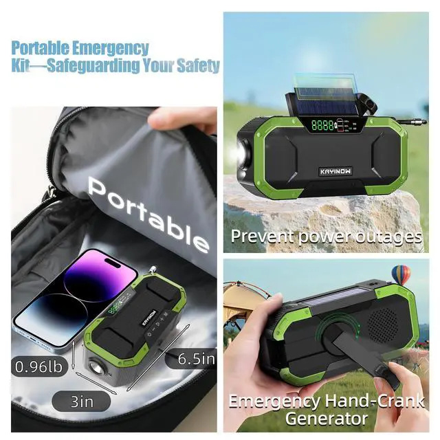 Alt view image 3 of 7 - Hand Crank Emergency Radio,Portable AM FM NOAA Weather Radio,Solar Power,18500mWh/5000mAh Battery Operated,USB Charging Flashlight,Waterproof,SOS for Camping,Power Outage,Survival Storm