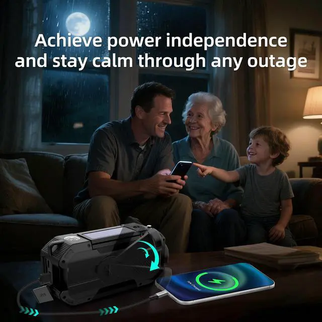 Alt view image 5 of 7 - Hand Crank Emergency Radio,Portable AM FM NOAA Weather Radio,Solar Power,18500mWh/5000mAh Battery Operated,USB Charging Flashlight,Waterproof,SOS for Camping,Power Outage,Survival Storm