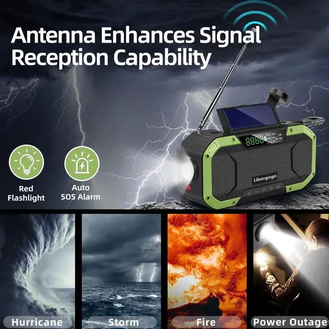 Alt view image 4 of 7 - Hand Crank Emergency Radio,Portable AM FM NOAA Weather Radio,Solar Power,18500mWh/5000mAh Battery Operated,USB Charging Flashlight,Waterproof,SOS for Camping,Power Outage,Survival Storm