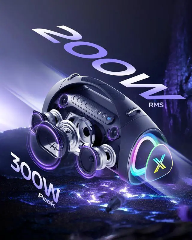 Alt view image 2 of 7 - Sonic Boom Max K Karaoke Speaker, 200W RMS Bluetooth Speaker | 200W RMS powerful audio, 3-way HiFi sound, smart EQ app, RGB lighting, IPX6 water resistance, 24-hour battery life