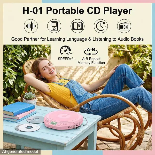 Alt view image 2 of 7 - Portable CD Player with Earphones,Personal CD Discman Player | for Home Car with Anti-Skip Shockproof Protection, Small CD Player with LCD Display for Music Lovers