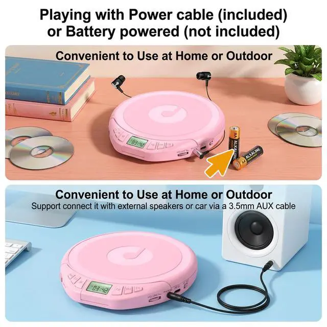 Alt view image 3 of 7 - Portable CD Player with Earphones,Personal CD Discman Player | for Home Car with Anti-Skip Shockproof Protection, Small CD Player with LCD Display for Music Lovers