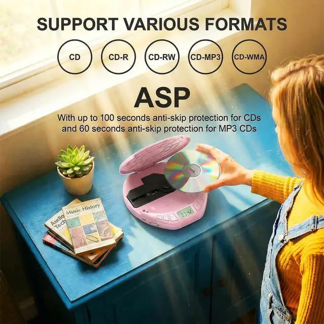 Alt view image 4 of 7 - Portable CD Player with Earphones,Personal CD Discman Player | for Home Car with Anti-Skip Shockproof Protection, Small CD Player with LCD Display for Music Lovers