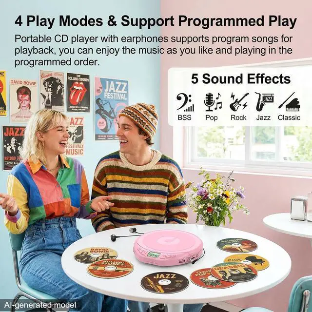 Alt view image 5 of 7 - Portable CD Player with Earphones,Personal CD Discman Player | for Home Car with Anti-Skip Shockproof Protection, Small CD Player with LCD Display for Music Lovers