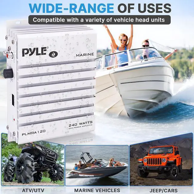 Alt view image 6 of 7 - Hydra Marine Amplifier - Upgraded Elite Series 240 Watt 4 Channel Audio Amplifier - Waterproof, 4-8 Ohm Impendance, GAIN Level Controls, RCA Stereo Input & LED Indicator (PLMRA120)