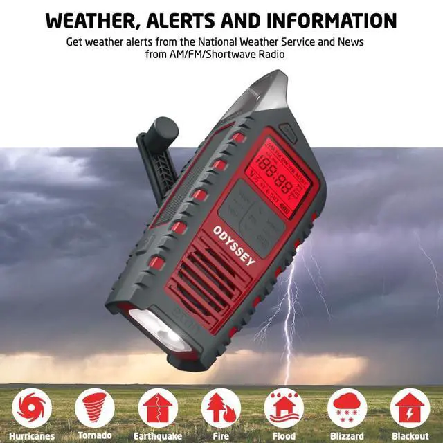 Alt view image 2 of 7 - Odyssey Hand Crank NOAA Weather Radio, All Band Emergency Radio, AM/FM Shortwave Storm Radio, Bluetooth, Phone Charger, RDS, Solar, Multi-Function Flashlight, Camping, Hiking