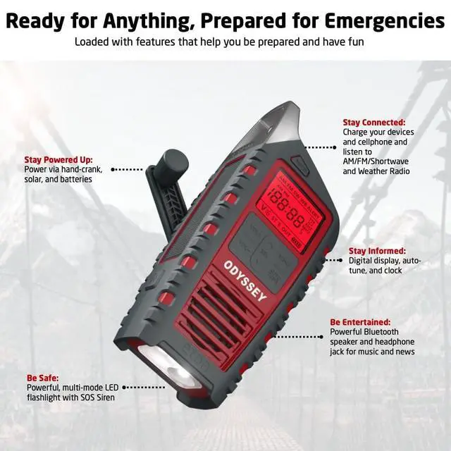 Alt view image 4 of 7 - Odyssey Hand Crank NOAA Weather Radio, All Band Emergency Radio, AM/FM Shortwave Storm Radio, Bluetooth, Phone Charger, RDS, Solar, Multi-Function Flashlight, Camping, Hiking