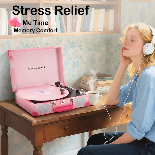 Alt view image 3 of 7 - Vinyl Record Player with Bluetooth, Portable Suitcase Record Players, 3 Speed Turntable Vinyl Player with USB/TF Recording, EQ Modes, Built-in Speakers, AUX/RCA/Headphone Jack, Pink Floral