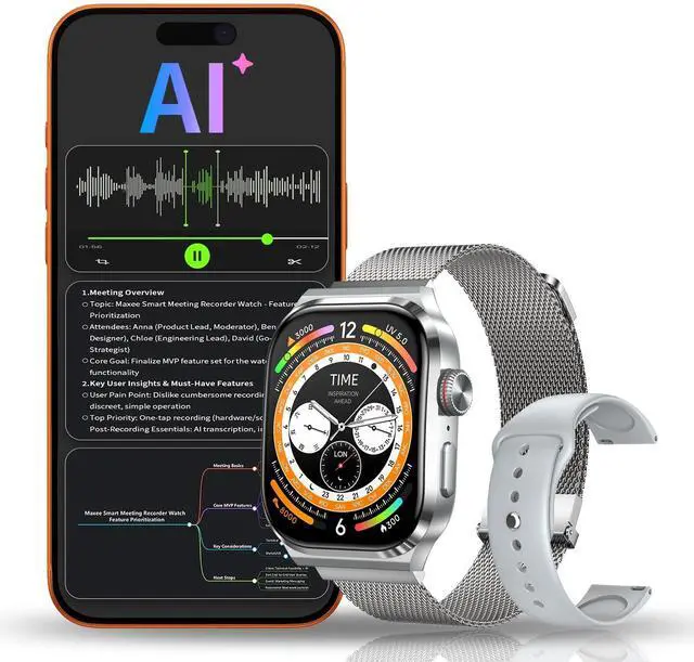 Main image of AI Smart Watch with Voice Recorder, Transcribe & Summarize with AI for Meetings, App Control, Supports 135 Languages, 2.13" AMOLED Display, Health, Fitness & Sleep Tracker, 80+ Workout Modes, Silver