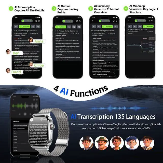 Alt view image 3 of 7 - AI Smart Watch with Voice Recorder, Transcribe & Summarize with AI for Meetings, App Control, Supports 135 Languages, 2.13" AMOLED Display, Health, Fitness & Sleep Tracker, 80+ Workout Modes, Silver