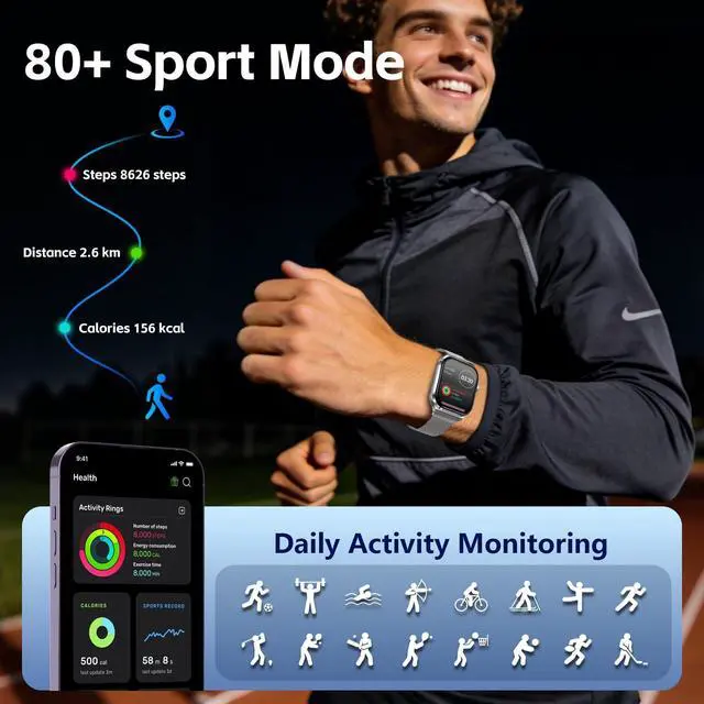 Alt view image 5 of 7 - AI Smart Watch with Voice Recorder, Transcribe & Summarize with AI for Meetings, App Control, Supports 135 Languages, 2.13" AMOLED Display, Health, Fitness & Sleep Tracker, 80+ Workout Modes, Silver