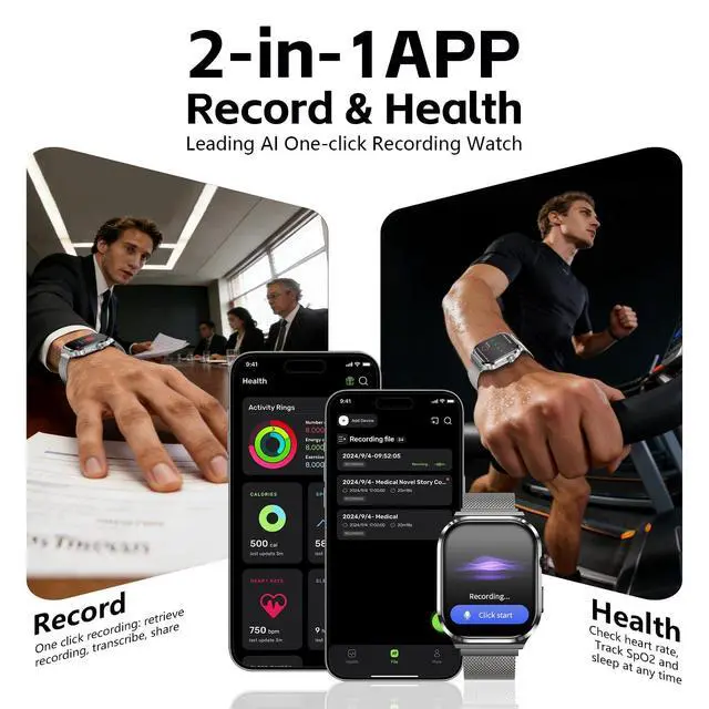Alt view image 7 of 7 - AI Smart Watch with Voice Recorder, Transcribe & Summarize with AI for Meetings, App Control, Supports 135 Languages, 2.13" AMOLED Display, Health, Fitness & Sleep Tracker, 80+ Workout Modes, Silver