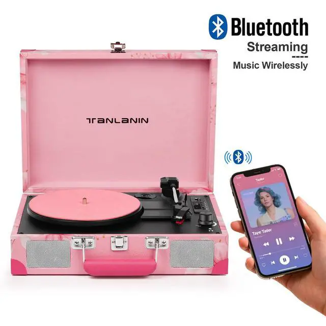 Alt view image 5 of 7 - Vinyl Record Player with Bluetooth, Portable Suitcase Record Players, 3 Speed Turntable Vinyl Player with USB/TF Recording, EQ Modes, Built-in Speakers, AUX/RCA/Headphone Jack, Pink Floral
