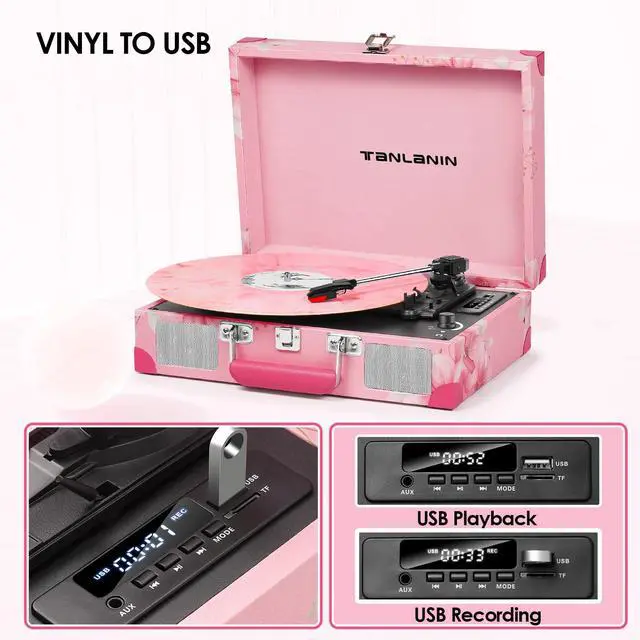 Alt view image 7 of 7 - Vinyl Record Player with Bluetooth, Portable Suitcase Record Players, 3 Speed Turntable Vinyl Player with USB/TF Recording, EQ Modes, Built-in Speakers, AUX/RCA/Headphone Jack, Pink Floral