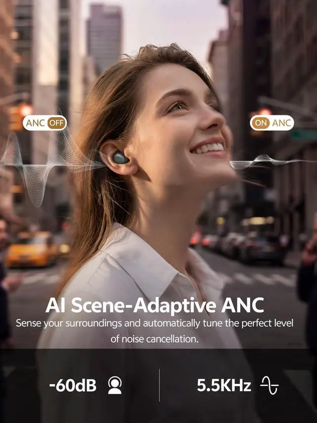 Alt view image 2 of 7 - MeloBuds A30 Aadptive Active Noise Cancelling Wireless Earbuds, 8 Mics ENC Clear Call Ear Buds, 60dB ANC Hi-Res Audio Bluetooth 6.0 Headphones, Comfort Lightweight, IPX5 Waterproof Earphone