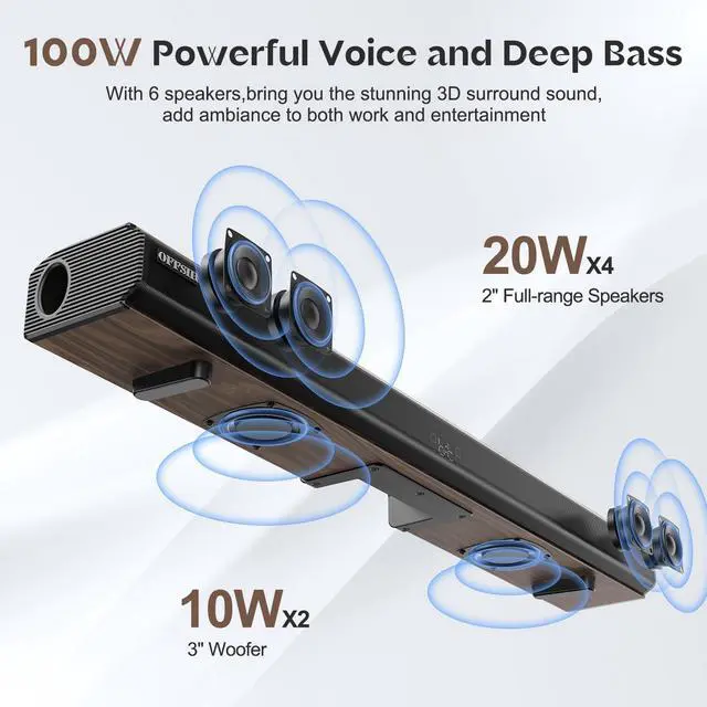 Alt view image 2 of 7 - 100W 2.1CH 31.8" Sound bar for Smart TV with HDMI ARC/Bluetooth 5.0 | Optical/coaxial/AUX inputs, DSP 3 EQ, adjustable bass. LED display, wood grain, wall mountable. Room-filling sound