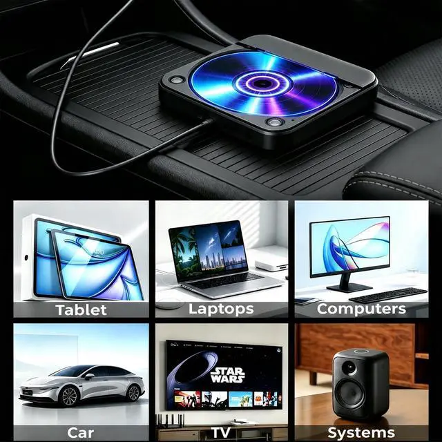 Alt view image 7 of 7 - Portable CD Player for Car, Plug and Play with USB/AUX Port | External CD Player Compatible with Car Stereo, Laptop, TV, Computer and Android 4.4 and Above Navigation(Black)