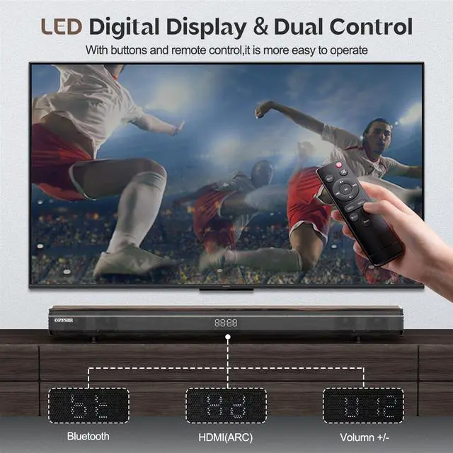 Alt view image 3 of 7 - 100W 2.1CH 31.8" Sound bar for Smart TV with HDMI ARC/Bluetooth 5.0 | Optical/coaxial/AUX inputs, DSP 3 EQ, adjustable bass. LED display, wood grain, wall mountable. Room-filling sound