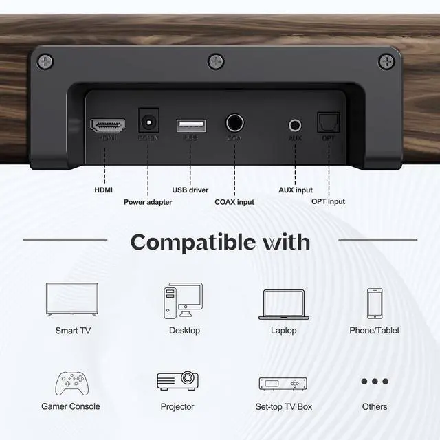 Alt view image 5 of 7 - 100W 2.1CH 31.8" Sound bar for Smart TV with HDMI ARC/Bluetooth 5.0 | Optical/coaxial/AUX inputs, DSP 3 EQ, adjustable bass. LED display, wood grain, wall mountable. Room-filling sound