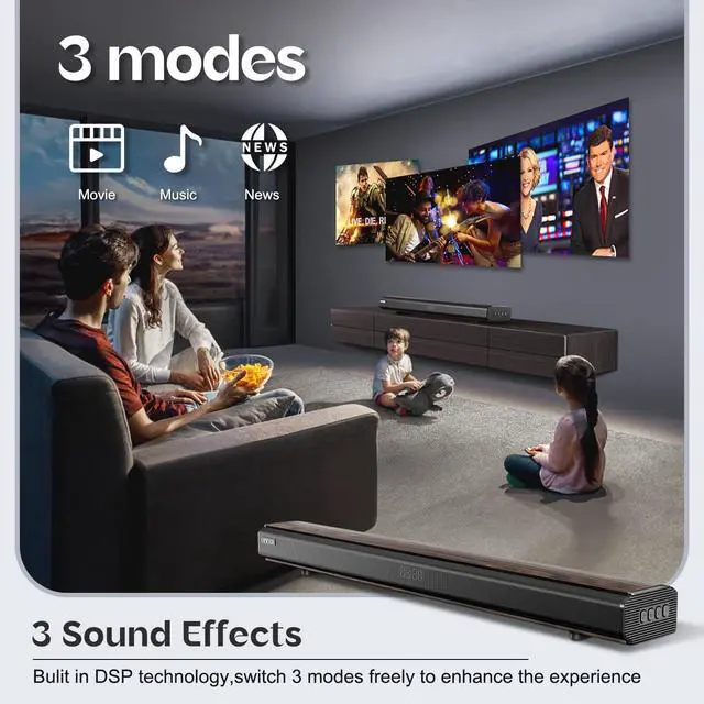 Alt view image 4 of 7 - 100W 2.1CH 31.8" Sound bar for Smart TV with HDMI ARC/Bluetooth 5.0 | Optical/coaxial/AUX inputs, DSP 3 EQ, adjustable bass. LED display, wood grain, wall mountable. Room-filling sound