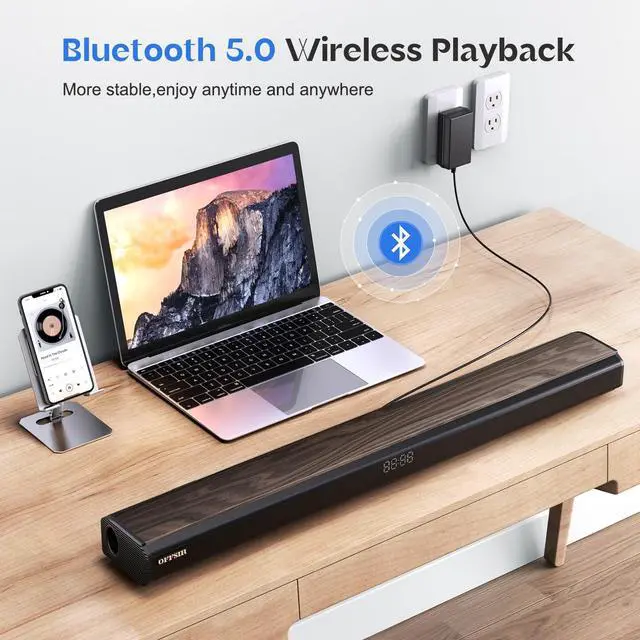 Alt view image 6 of 7 - 100W 2.1CH 31.8" Sound bar for Smart TV with HDMI ARC/Bluetooth 5.0 | Optical/coaxial/AUX inputs, DSP 3 EQ, adjustable bass. LED display, wood grain, wall mountable. Room-filling sound