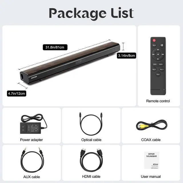 Alt view image 7 of 7 - 100W 2.1CH 31.8" Sound bar for Smart TV with HDMI ARC/Bluetooth 5.0 | Optical/coaxial/AUX inputs, DSP 3 EQ, adjustable bass. LED display, wood grain, wall mountable. Room-filling sound