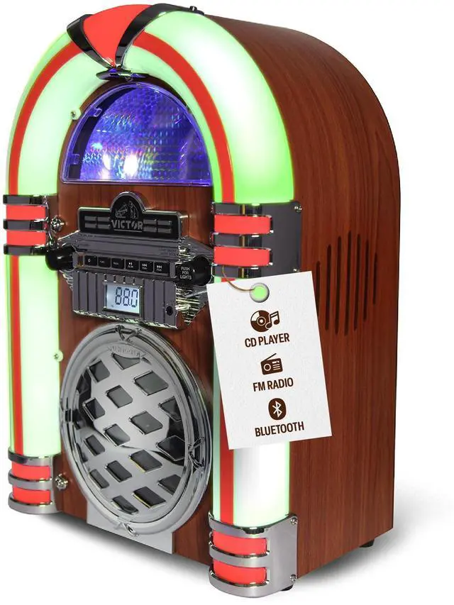 Main image of VDTJ-1550 Tabletop Jukebox with Bluetooth, CD Player & FM Radio | 15" retro juke box music player, Mini digital speaker with color-changing LEDs, wireless streaming & AUX-in port, Mahogany