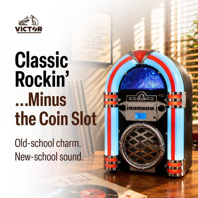 Alt view image 2 of 7 - VDTJ-1550 Tabletop Jukebox with Bluetooth, CD Player & FM Radio | 15" retro juke box music player, Mini digital speaker with color-changing LEDs, wireless streaming & AUX-in port, Mahogany