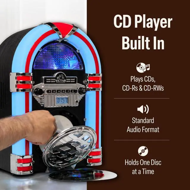 Alt view image 4 of 7 - VDTJ-1550 Tabletop Jukebox with Bluetooth, CD Player & FM Radio | 15" retro juke box music player, Mini digital speaker with color-changing LEDs, wireless streaming & AUX-in port, Mahogany