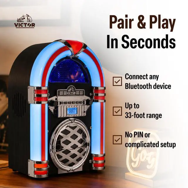 Alt view image 3 of 7 - VDTJ-1550 Tabletop Jukebox with Bluetooth, CD Player & FM Radio | 15" retro juke box music player, Mini digital speaker with color-changing LEDs, wireless streaming & AUX-in port, Mahogany