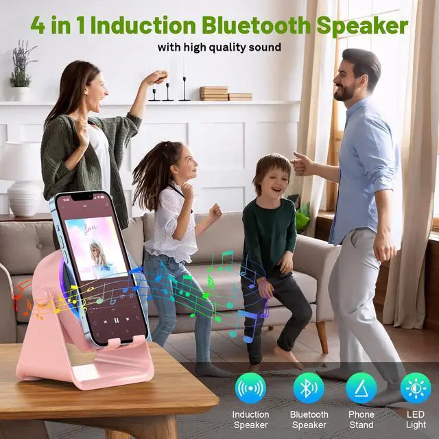 Alt view image 2 of 7 - Wireless Induction Speaker,Bluetooth Speaker with Phone Stand | No Pairing Needed, RGB Light, Stereo Sound, 360° Adjustable Holder for iPhone/Android,Cool Tech Gift for Adults Teens(Pink)