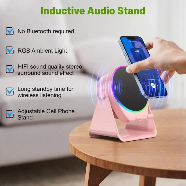 Alt view image 3 of 7 - Wireless Induction Speaker,Bluetooth Speaker with Phone Stand | No Pairing Needed, RGB Light, Stereo Sound, 360° Adjustable Holder for iPhone/Android,Cool Tech Gift for Adults Teens(Pink)