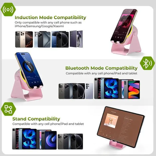 Alt view image 4 of 7 - Wireless Induction Speaker,Bluetooth Speaker with Phone Stand | No Pairing Needed, RGB Light, Stereo Sound, 360° Adjustable Holder for iPhone/Android,Cool Tech Gift for Adults Teens(Pink)