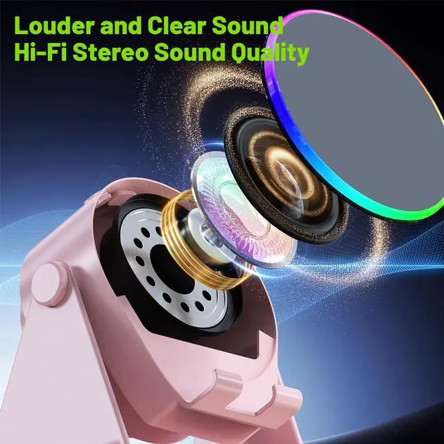 Alt view image 5 of 7 - Wireless Induction Speaker,Bluetooth Speaker with Phone Stand | No Pairing Needed, RGB Light, Stereo Sound, 360° Adjustable Holder for iPhone/Android,Cool Tech Gift for Adults Teens(Pink)