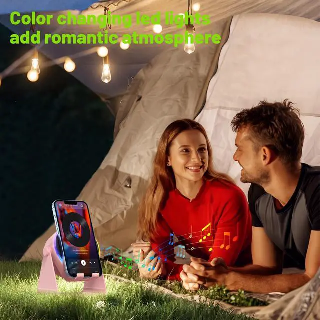 Alt view image 7 of 7 - Wireless Induction Speaker,Bluetooth Speaker with Phone Stand | No Pairing Needed, RGB Light, Stereo Sound, 360° Adjustable Holder for iPhone/Android,Cool Tech Gift for Adults Teens(Pink)