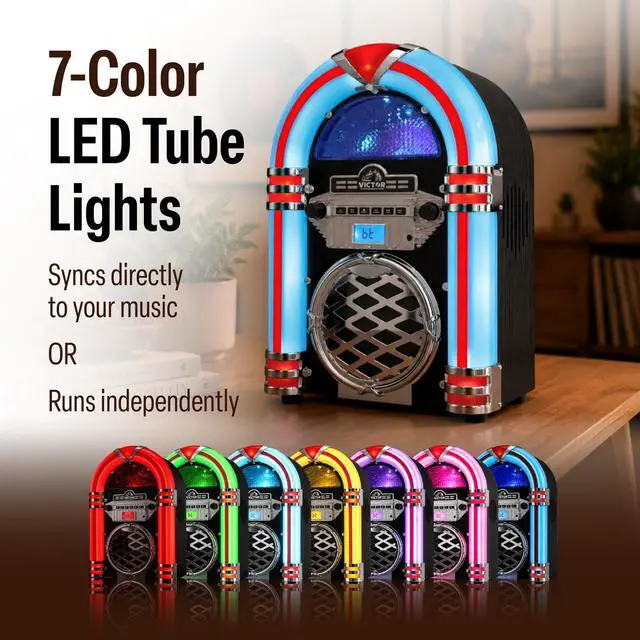 Alt view image 5 of 7 - VDTJ-1550 Tabletop Jukebox with Bluetooth, CD Player & FM Radio | 15" retro juke box music player, Mini digital speaker with color-changing LEDs, wireless streaming & AUX-in port, Mahogany