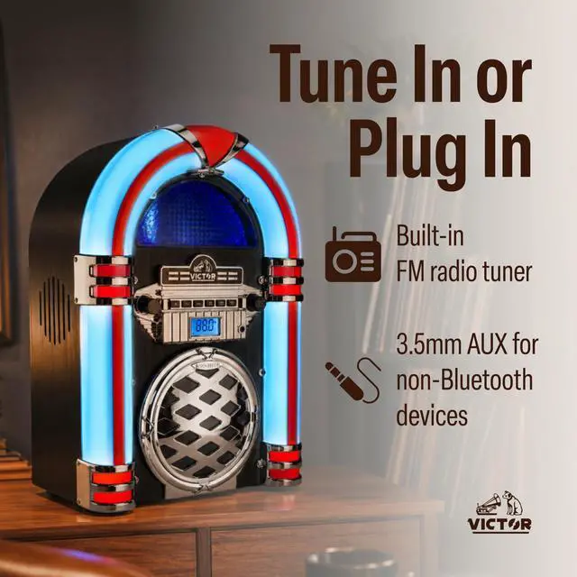 Alt view image 6 of 7 - VDTJ-1550 Tabletop Jukebox with Bluetooth, CD Player & FM Radio | 15" retro juke box music player, Mini digital speaker with color-changing LEDs, wireless streaming & AUX-in port, Mahogany