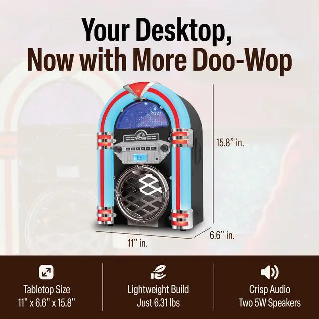 Alt view image 7 of 7 - VDTJ-1550 Tabletop Jukebox with Bluetooth, CD Player & FM Radio | 15" retro juke box music player, Mini digital speaker with color-changing LEDs, wireless streaming & AUX-in port, Mahogany