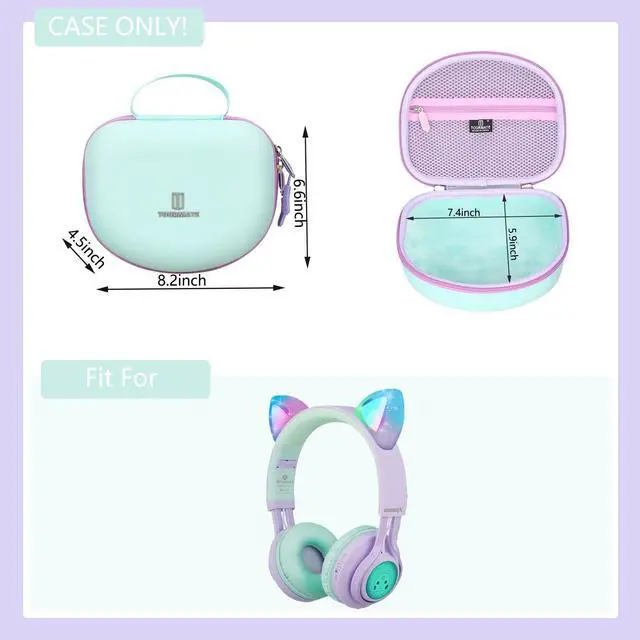Alt view image 4 of 7 - Hard Travel Case for Riwbox CT-7 CT-7S / iClever HS01 / FosPower Cat Ear LED Light Kids Wireless Headphones, Protective Carrying Storage Bag (Purple&Green Box for Sale)