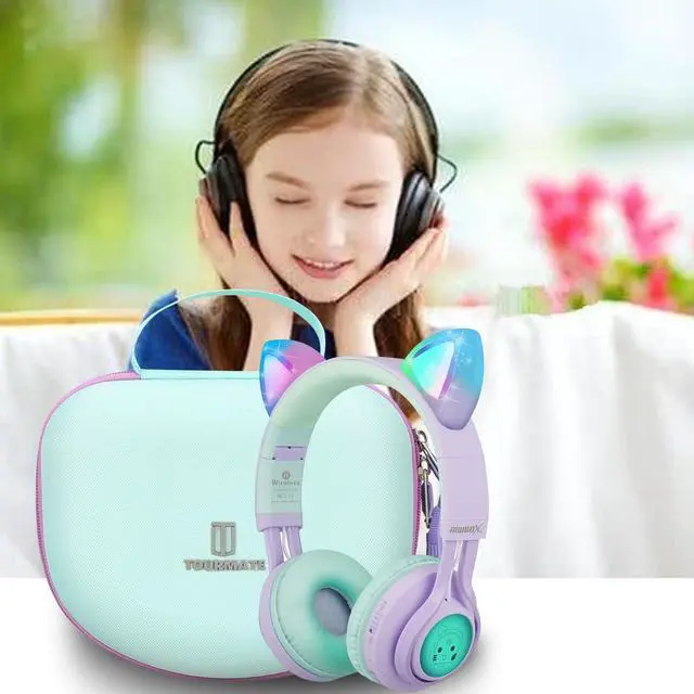 Alt view image 7 of 7 - Hard Travel Case for Riwbox CT-7 CT-7S / iClever HS01 / FosPower Cat Ear LED Light Kids Wireless Headphones, Protective Carrying Storage Bag (Purple&Green Box for Sale)