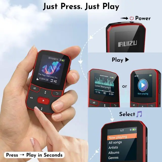 Alt view image 3 of 7 - 64GB Clip MP3 Player with Bluetooth 5.3 Auto-Reconnect, Weighs 1 oz | Physical Button Controls for Sports Running, Resume Playback, FM Radio, Voice Recorder, Sleep Timer, Up to 128GB microSD Card