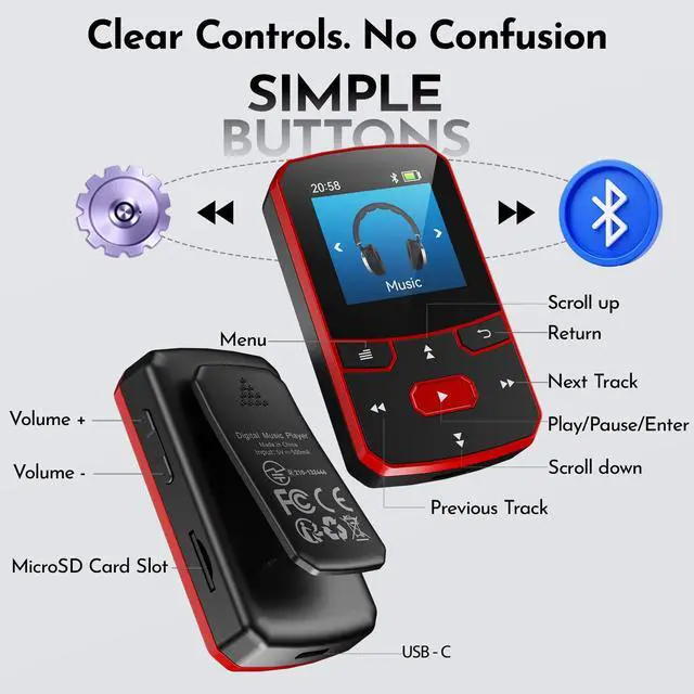 Alt view image 4 of 7 - 64GB Clip MP3 Player with Bluetooth 5.3 Auto-Reconnect, Weighs 1 oz | Physical Button Controls for Sports Running, Resume Playback, FM Radio, Voice Recorder, Sleep Timer, Up to 128GB microSD Card