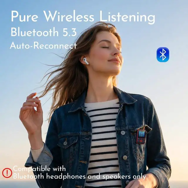 Alt view image 2 of 7 - 64GB Clip MP3 Player with Bluetooth 5.3 Auto-Reconnect, Weighs 1 oz | Physical Button Controls for Sports Running, Resume Playback, FM Radio, Voice Recorder, Sleep Timer, Up to 128GB microSD Card