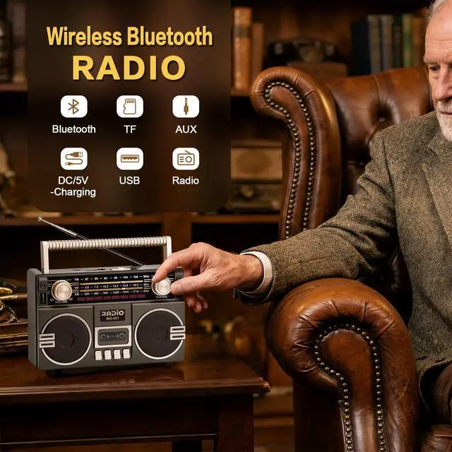 Alt view image 2 of 7 - Portable Retro Radio AM/FM/SW with Dual Speakers | Vintage Radio with Bluetooth/USB/TF Card/AUX Playback, Rechargeable Battery Operated or AC Power, for Gift, Home, Outdoor
