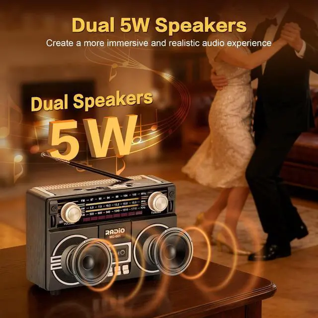 Alt view image 4 of 7 - Portable Retro Radio AM/FM/SW with Dual Speakers | Vintage Radio with Bluetooth/USB/TF Card/AUX Playback, Rechargeable Battery Operated or AC Power, for Gift, Home, Outdoor